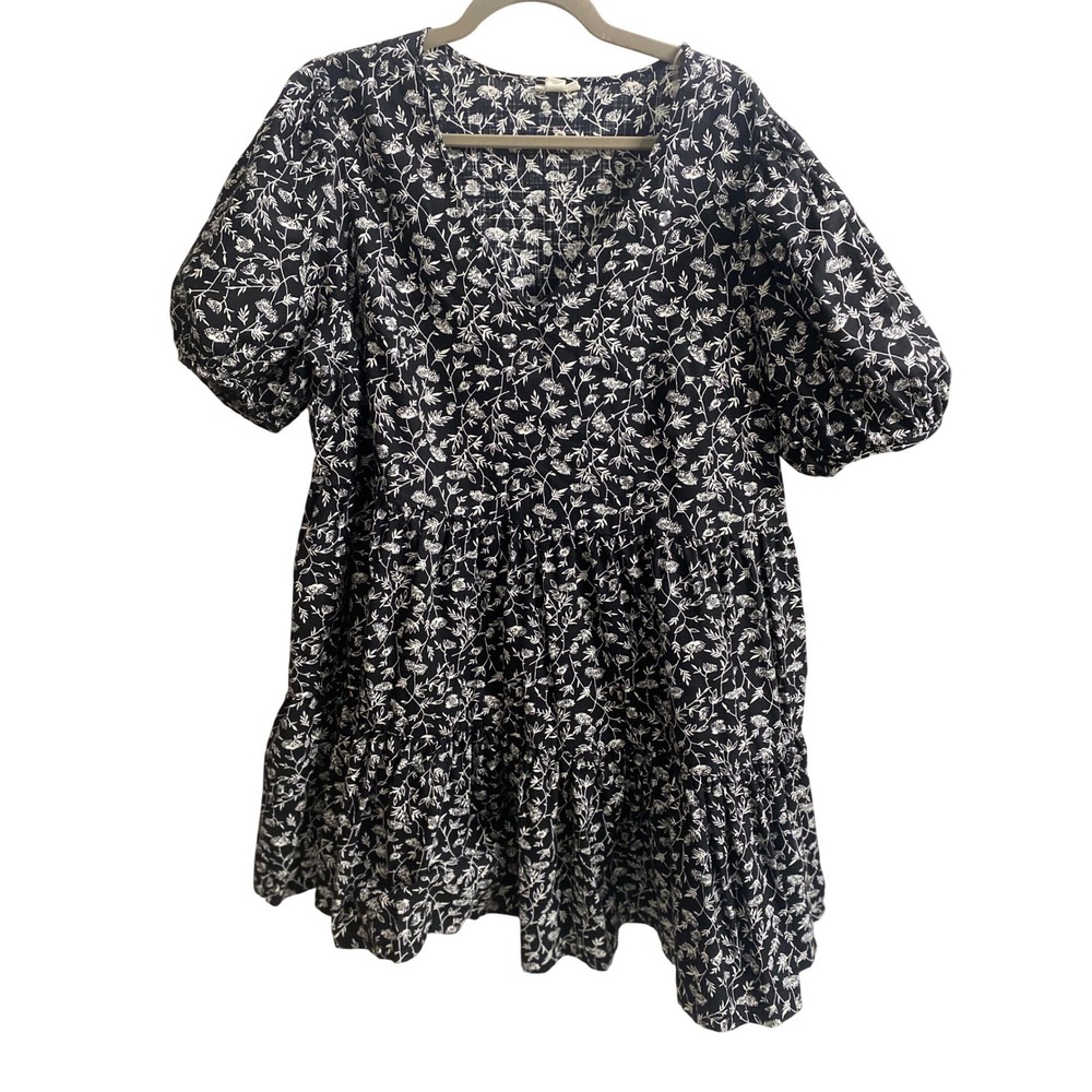 A.N.A. Women Black White Floral Tiered Babydoll Dress Puff Sleeve Cotton 0X Plus